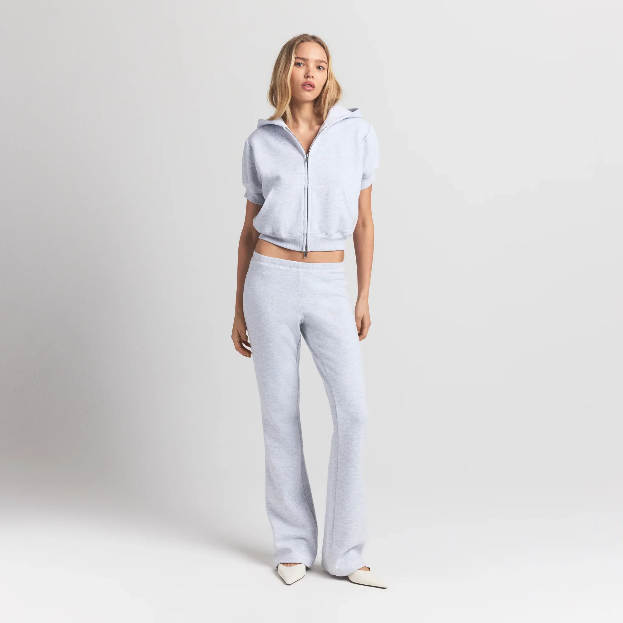 COTTON FLEECE BUBBLE SLEEVE CROPPED ZIP UP | LIGHT HEATHER GREY - Image 5