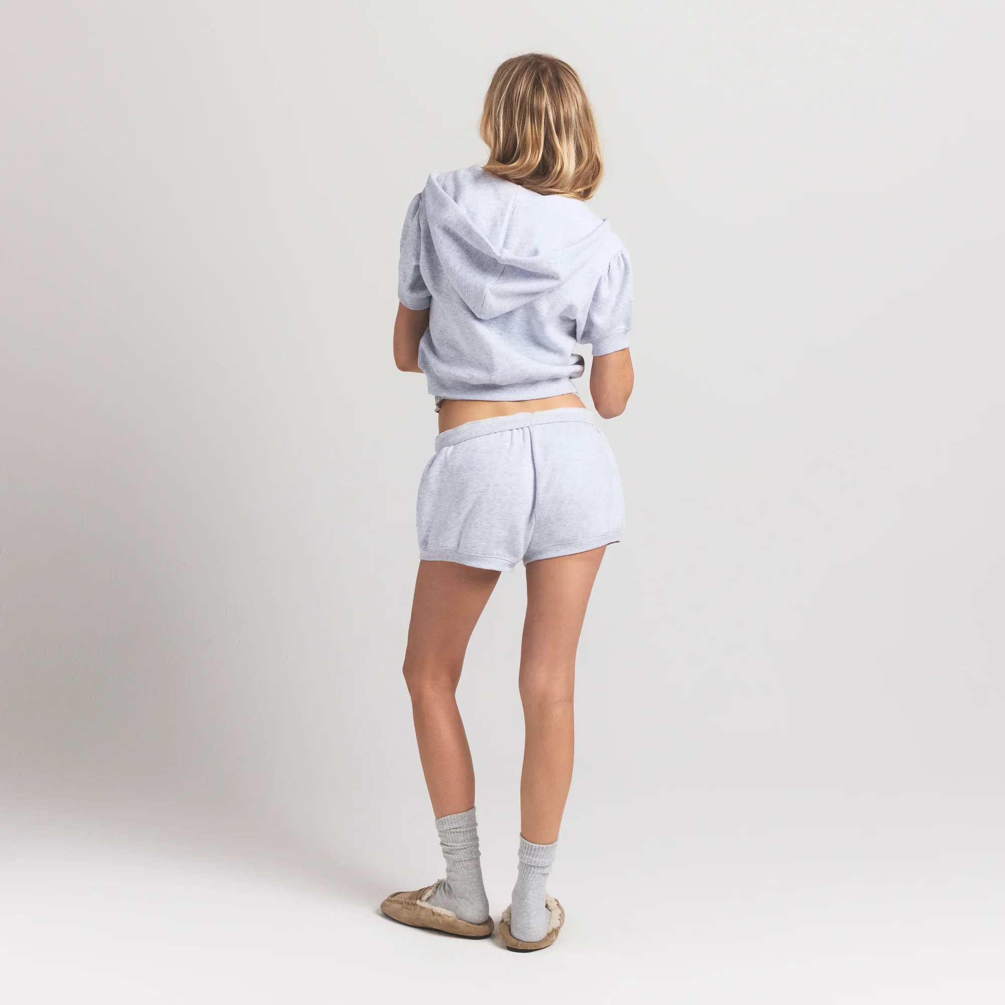 COTTON FLEECE BUBBLE SLEEVE CROPPED ZIP UP | LIGHT HEATHER GREY - Image 6