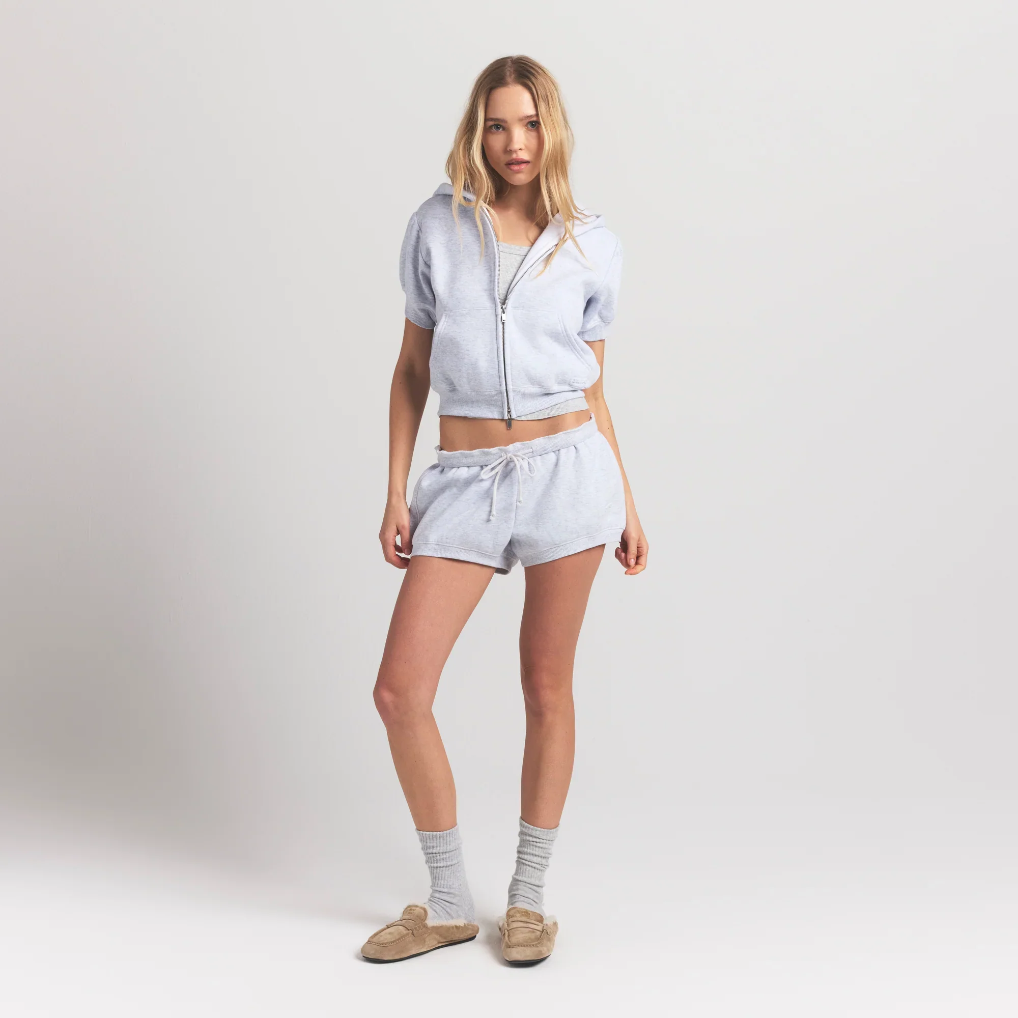 COTTON FLEECE BUBBLE SLEEVE CROPPED ZIP UP | LIGHT HEATHER GREY - Image 7