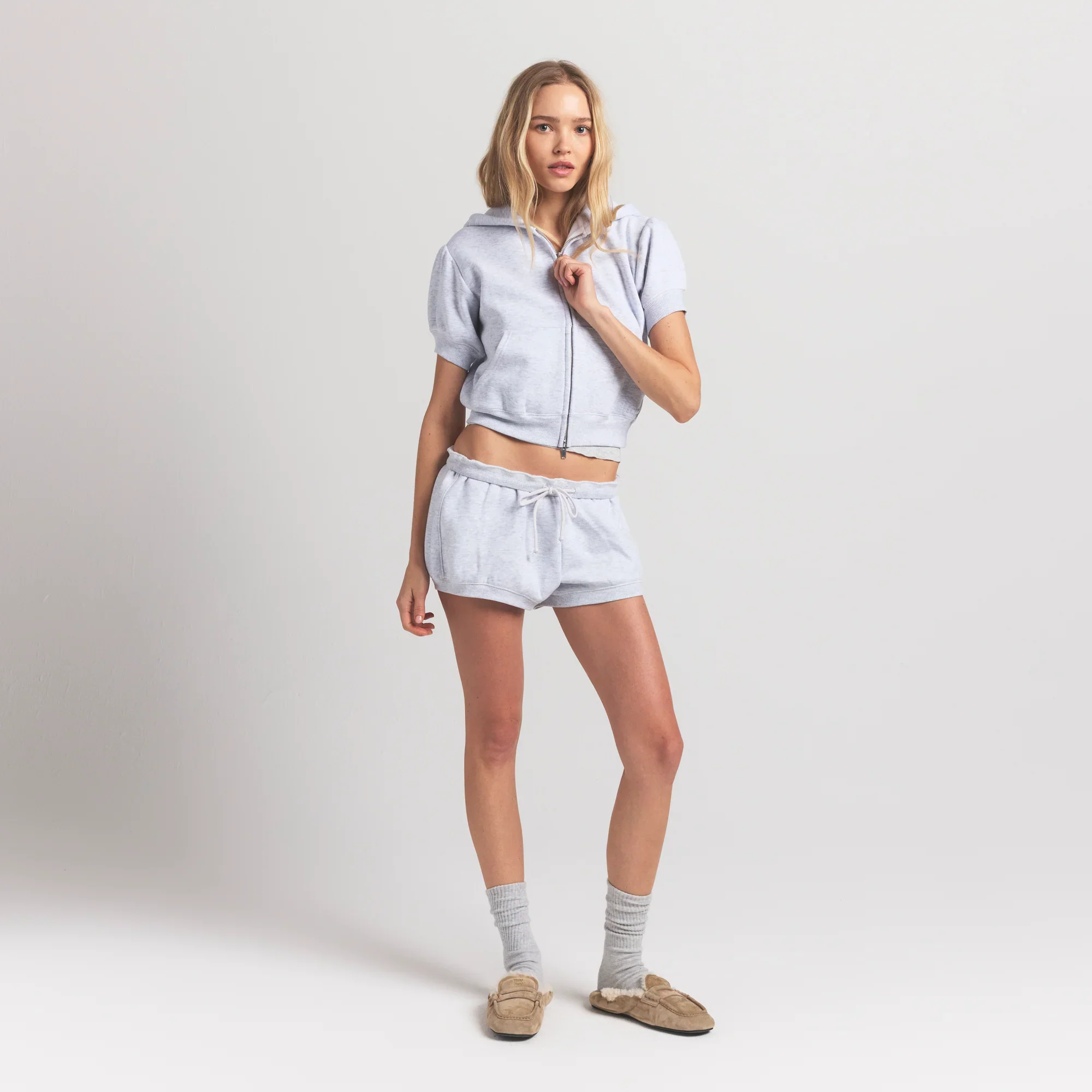 COTTON FLEECE BUBBLE SLEEVE CROPPED ZIP UP | LIGHT HEATHER GREY - Image 8