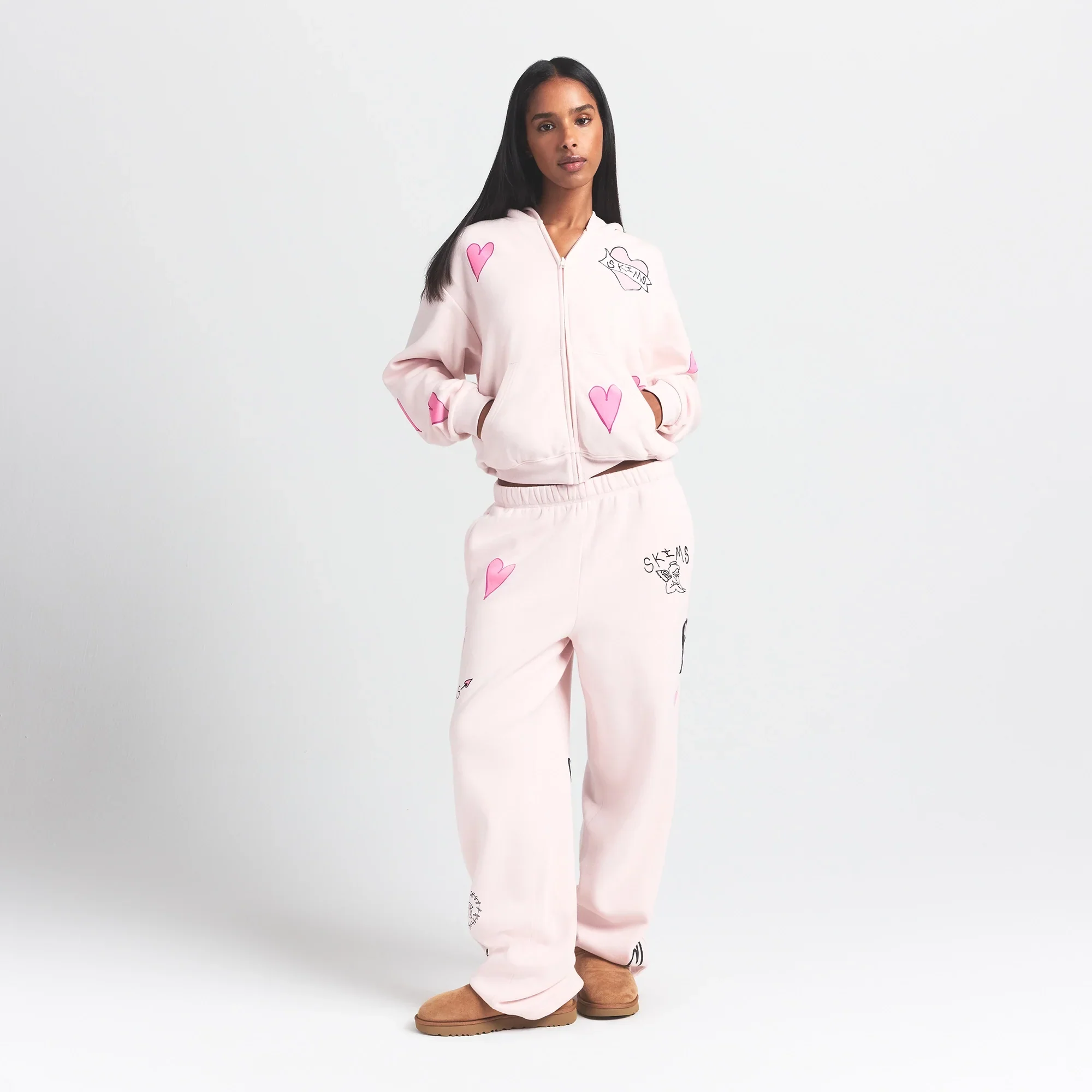 COTTON FLEECE CLASSIC ZIP UP HOODIE | BARELY PINK HEART - Image 2