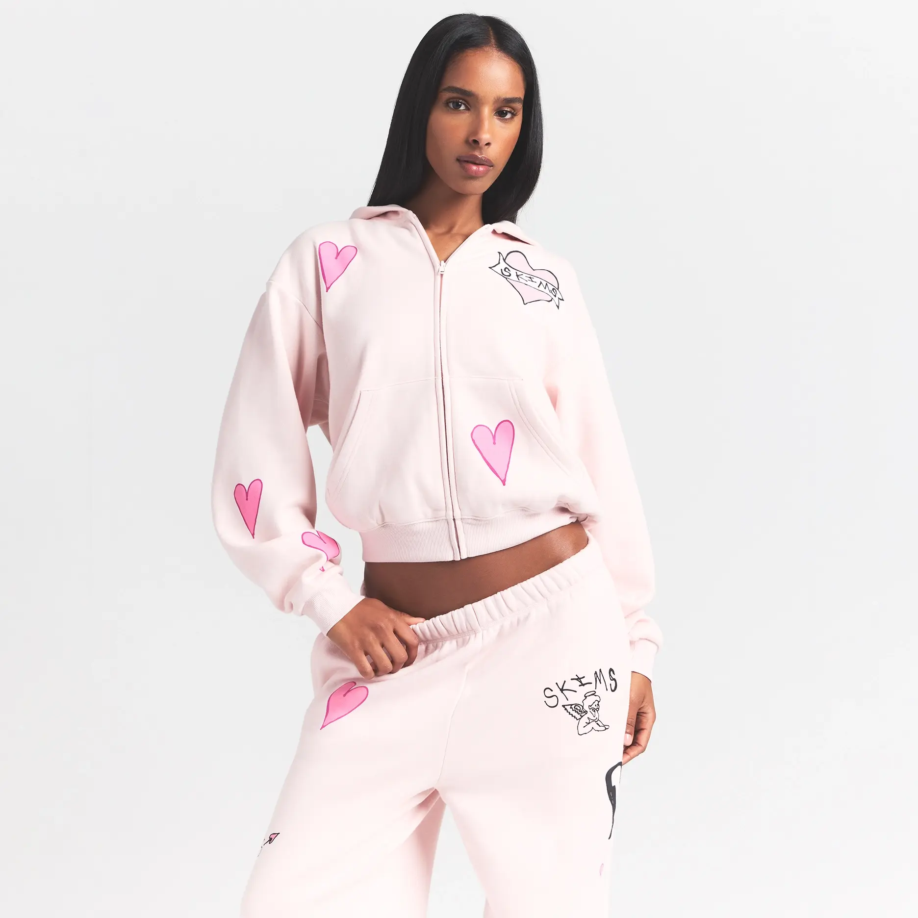 COTTON FLEECE CLASSIC ZIP UP HOODIE | BARELY PINK HEART - Image 3