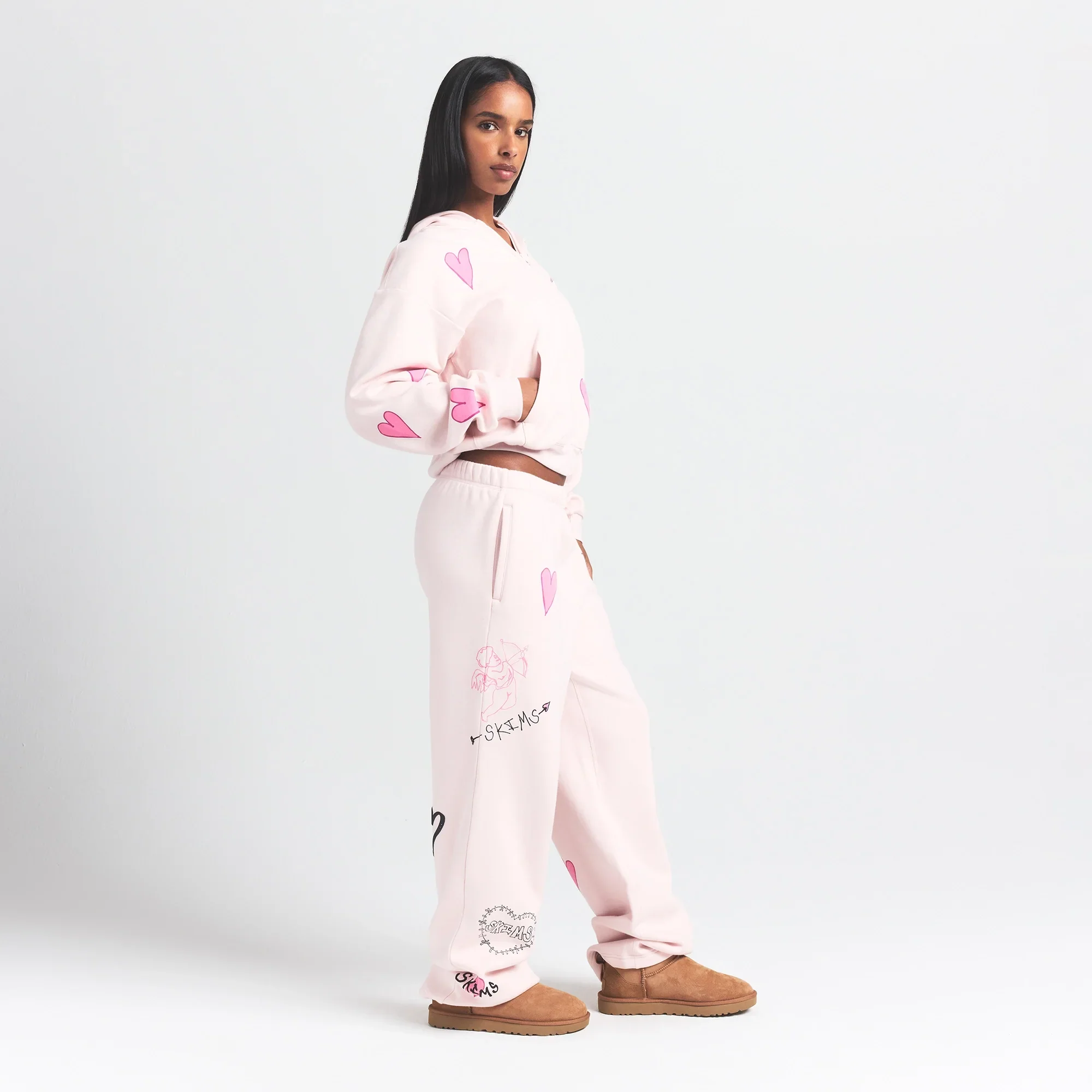 COTTON FLEECE CLASSIC ZIP UP HOODIE | BARELY PINK HEART - Image 4