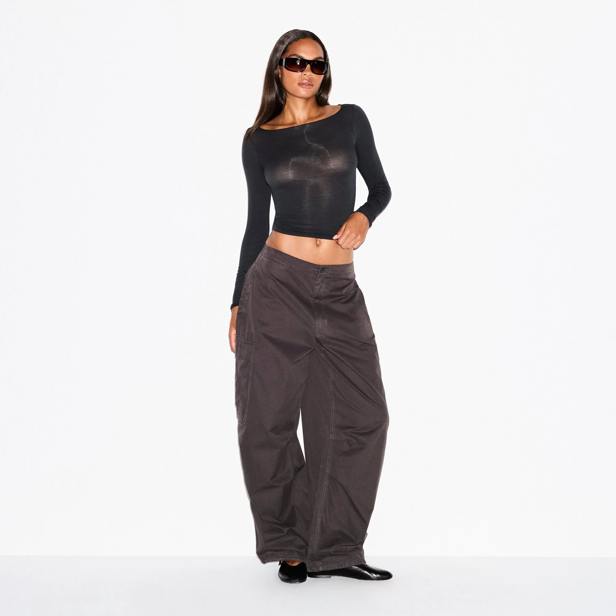 SHEER MODAL LONG SLEEVE BOATNECK TOP | ONYX - Image 3