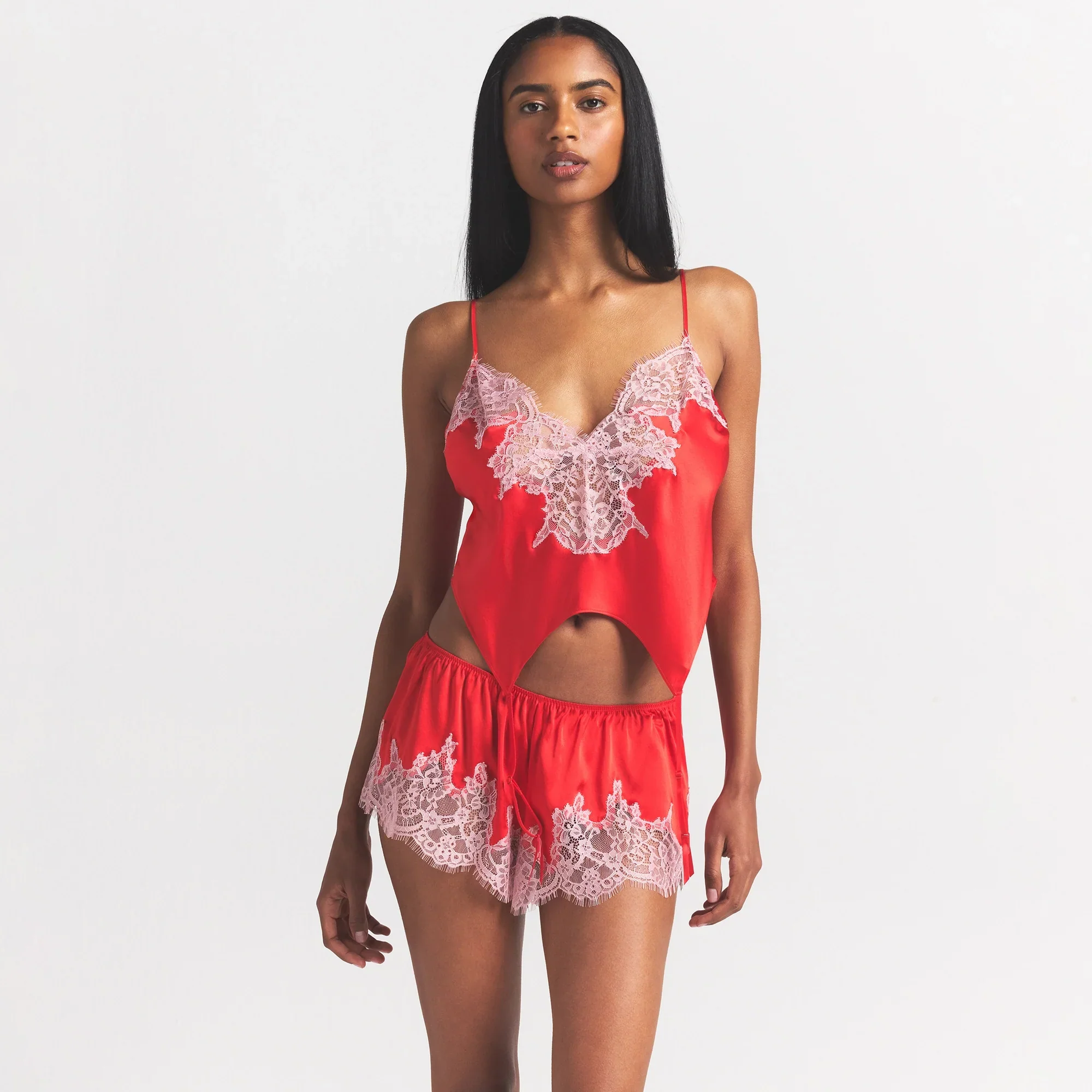 SILK LACE GARTER CAMI AND SHORT SET | RUBY CONTRAST - Image 3