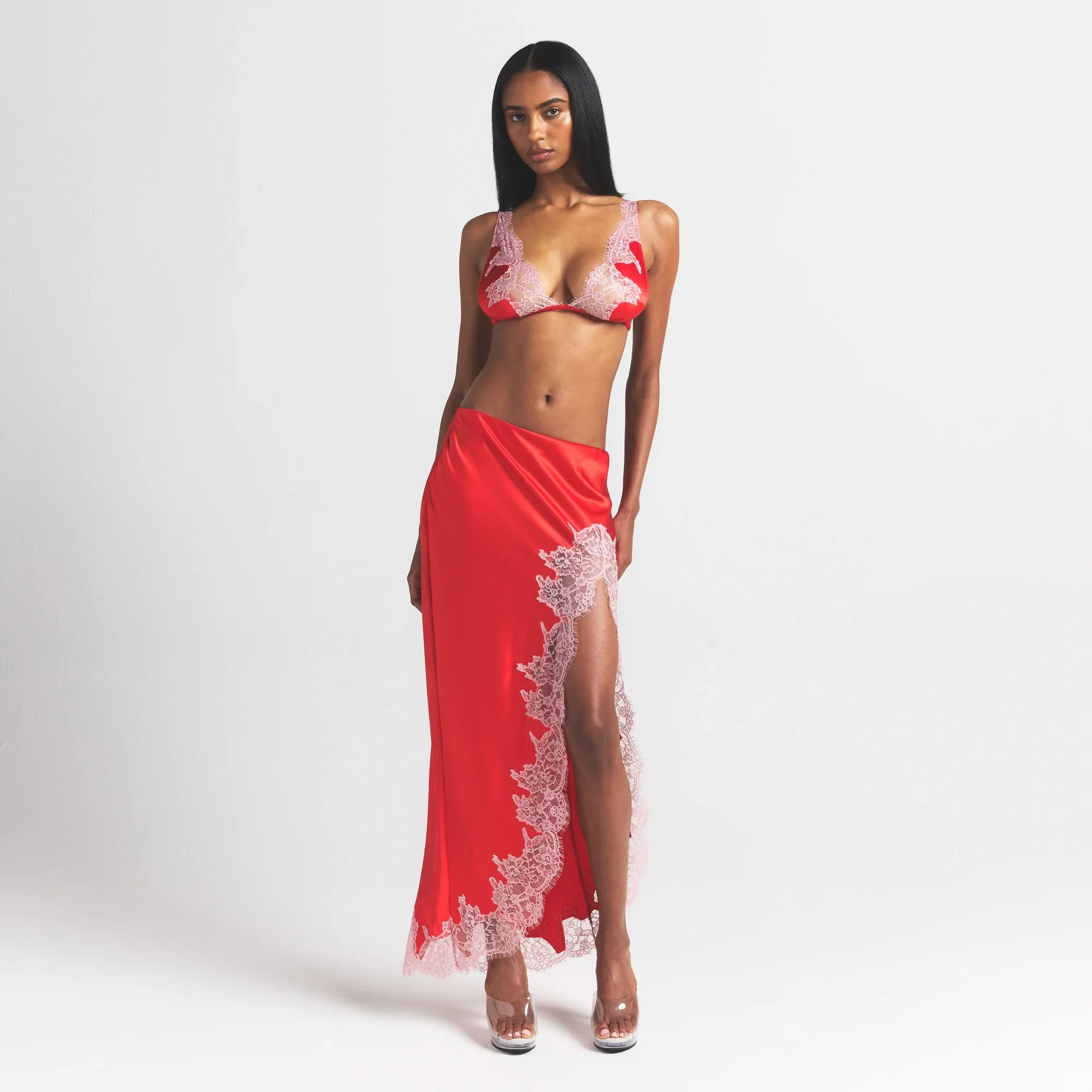 SILK LACE SLIP MIDI SKIRT | RUBY CONTRAST - Image 2