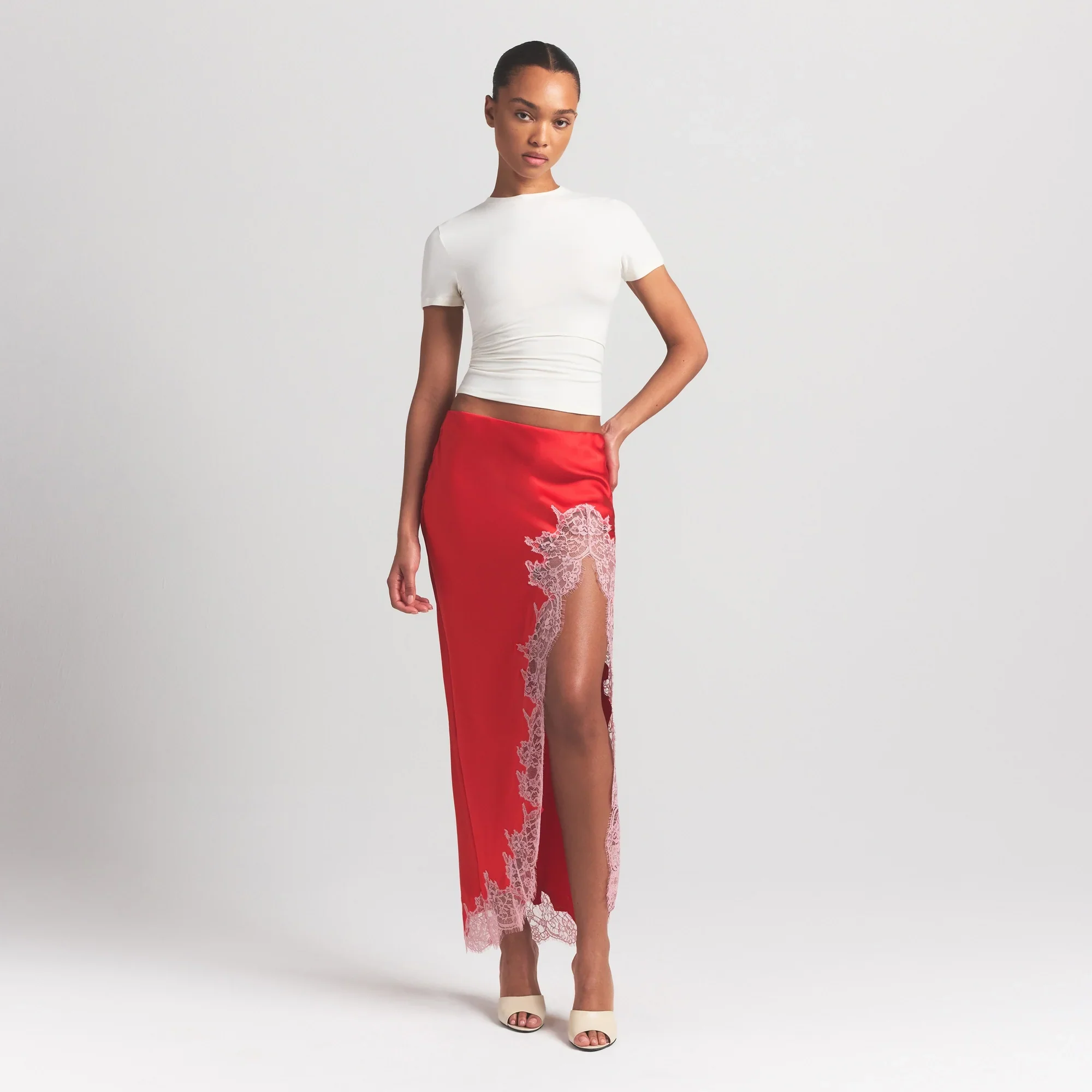 SILK LACE SLIP MIDI SKIRT | RUBY CONTRAST - Image 8