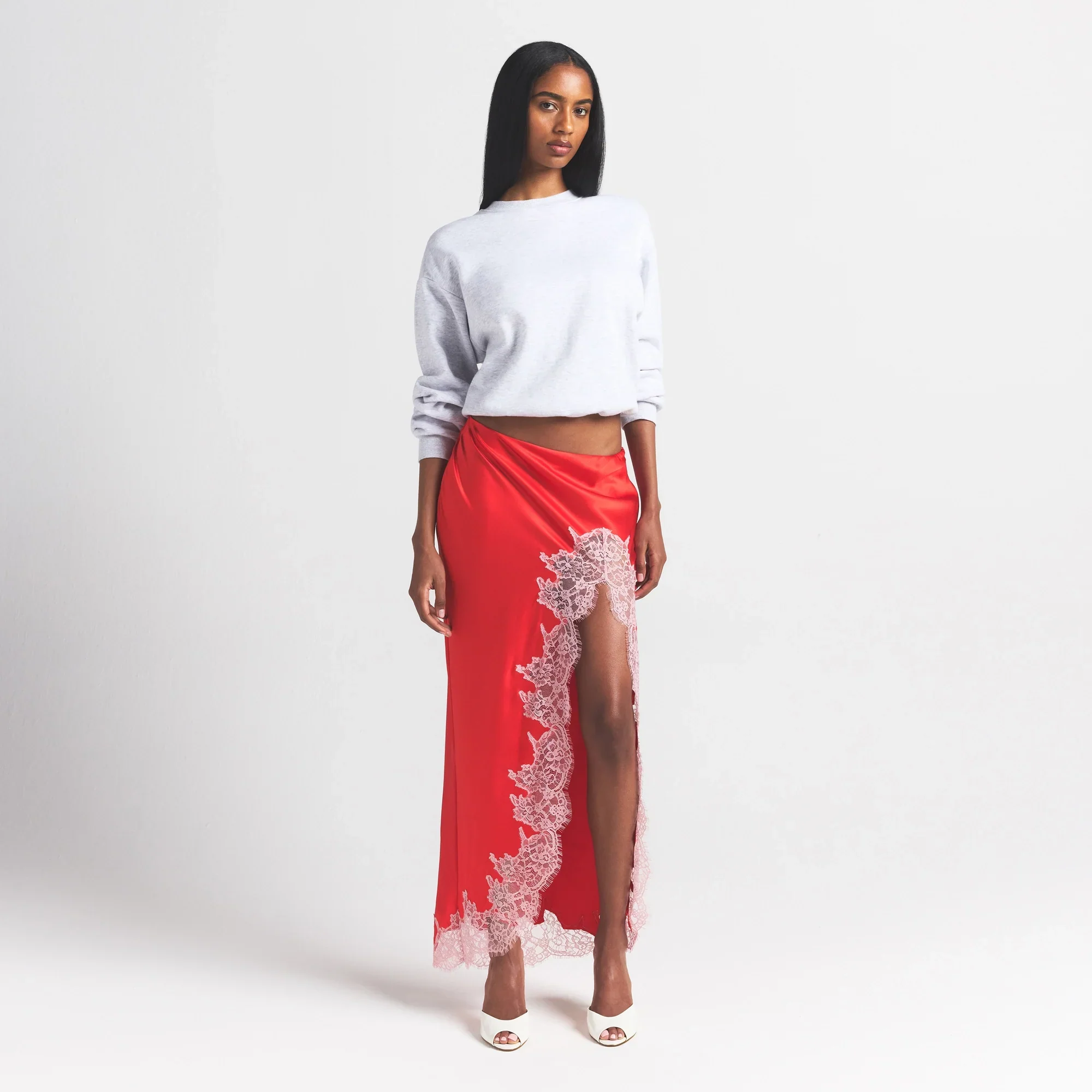 SILK LACE SLIP MIDI SKIRT | RUBY CONTRAST - Image 9