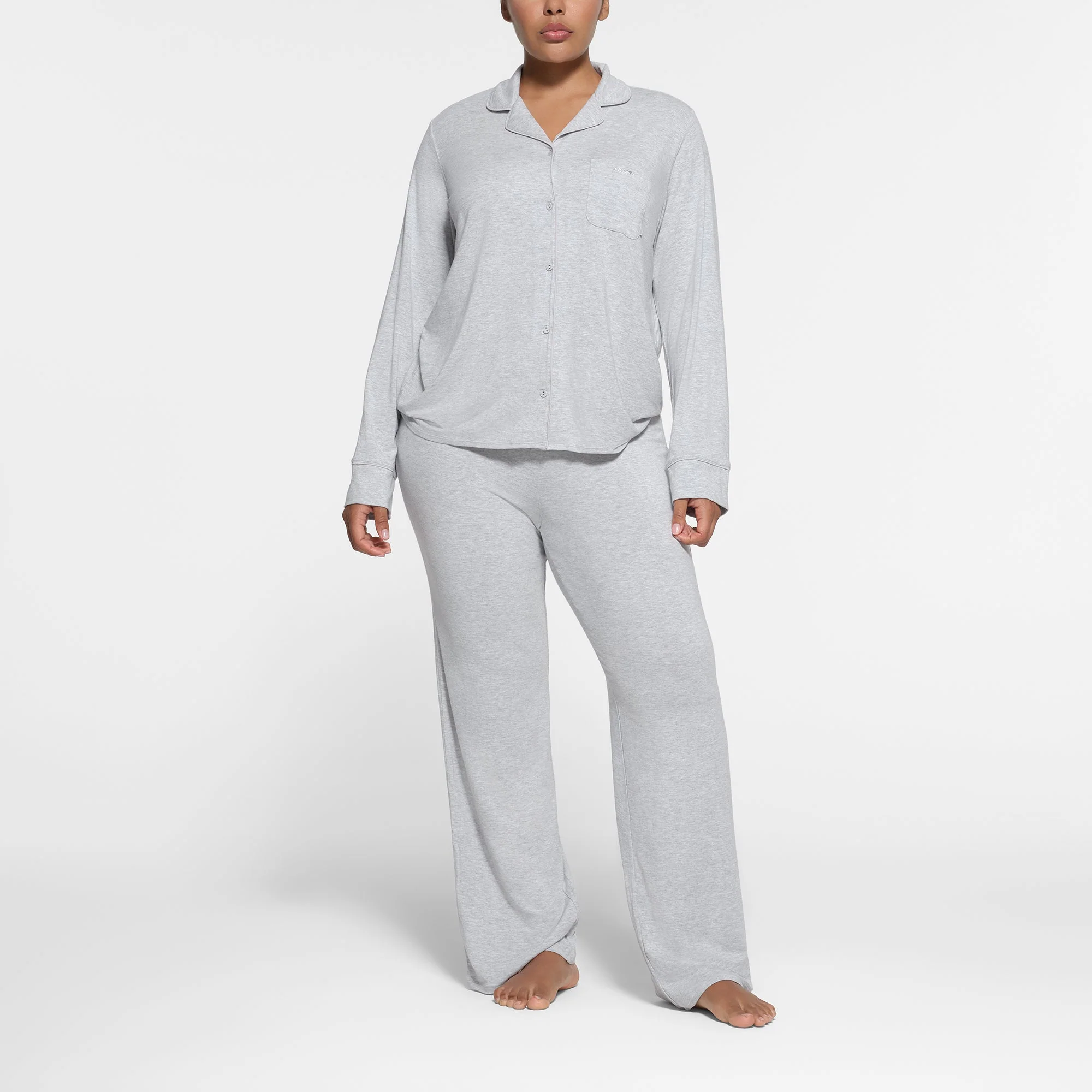 SKIMS SLEEP LONG SLEEVE BUTTON UP SET | LIGHT HEATHER GREY - Image 3