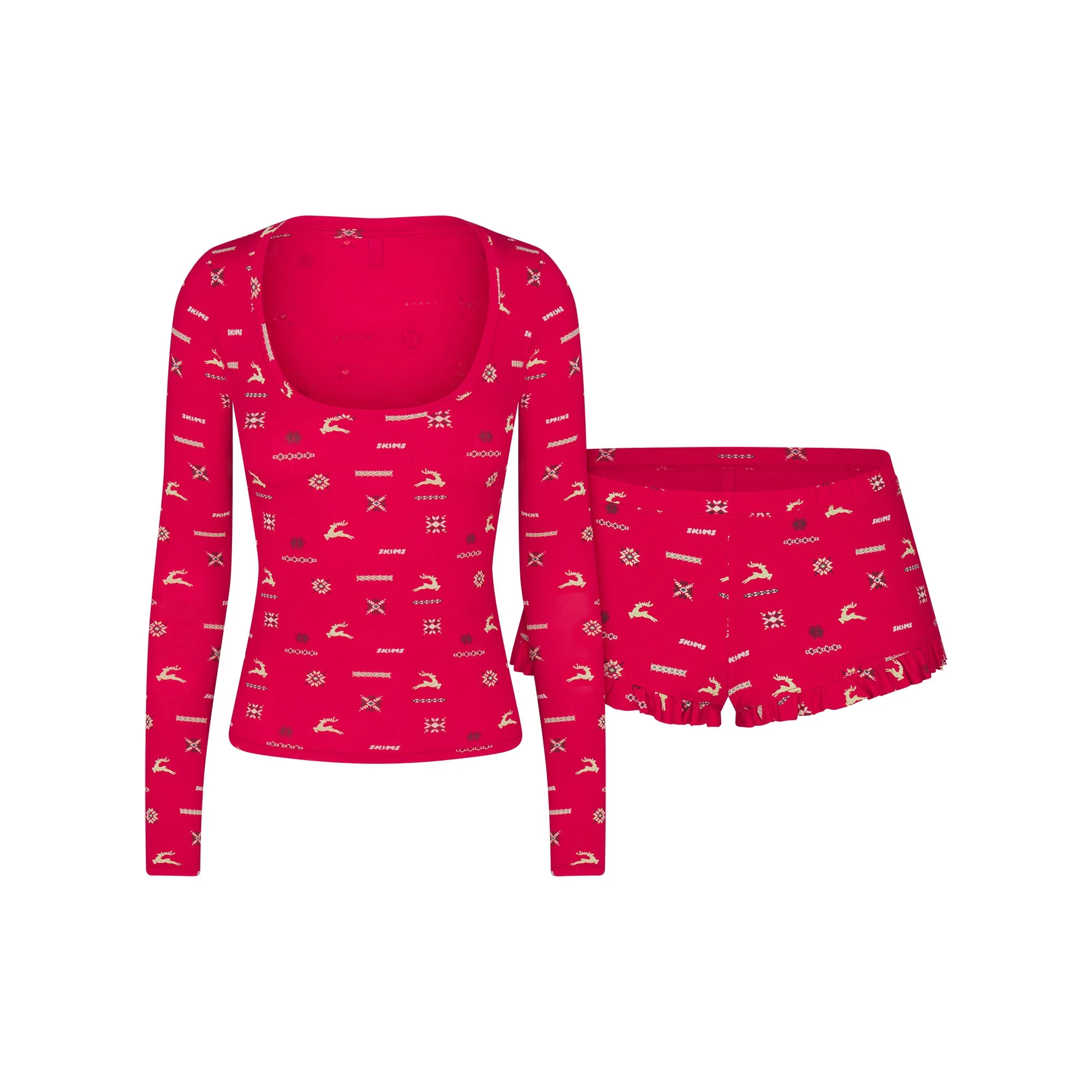 SKIMS SLEEP SCOOP NECK SLEEP SET | CRANBERRY VINTAGE DEER PRINT