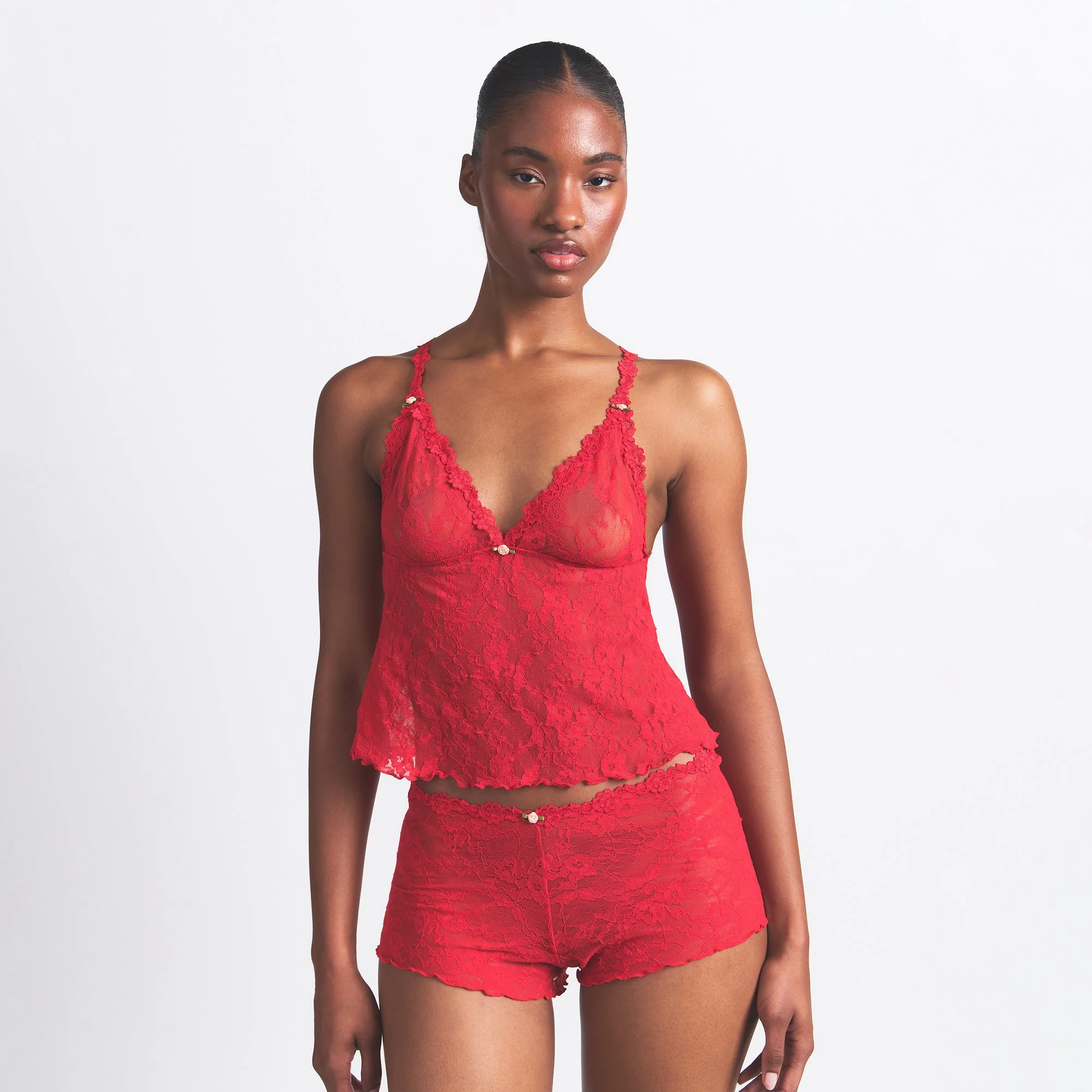 STRETCH LACE TRIANGLE CAMI AND SHORT SET | RED - Image 3