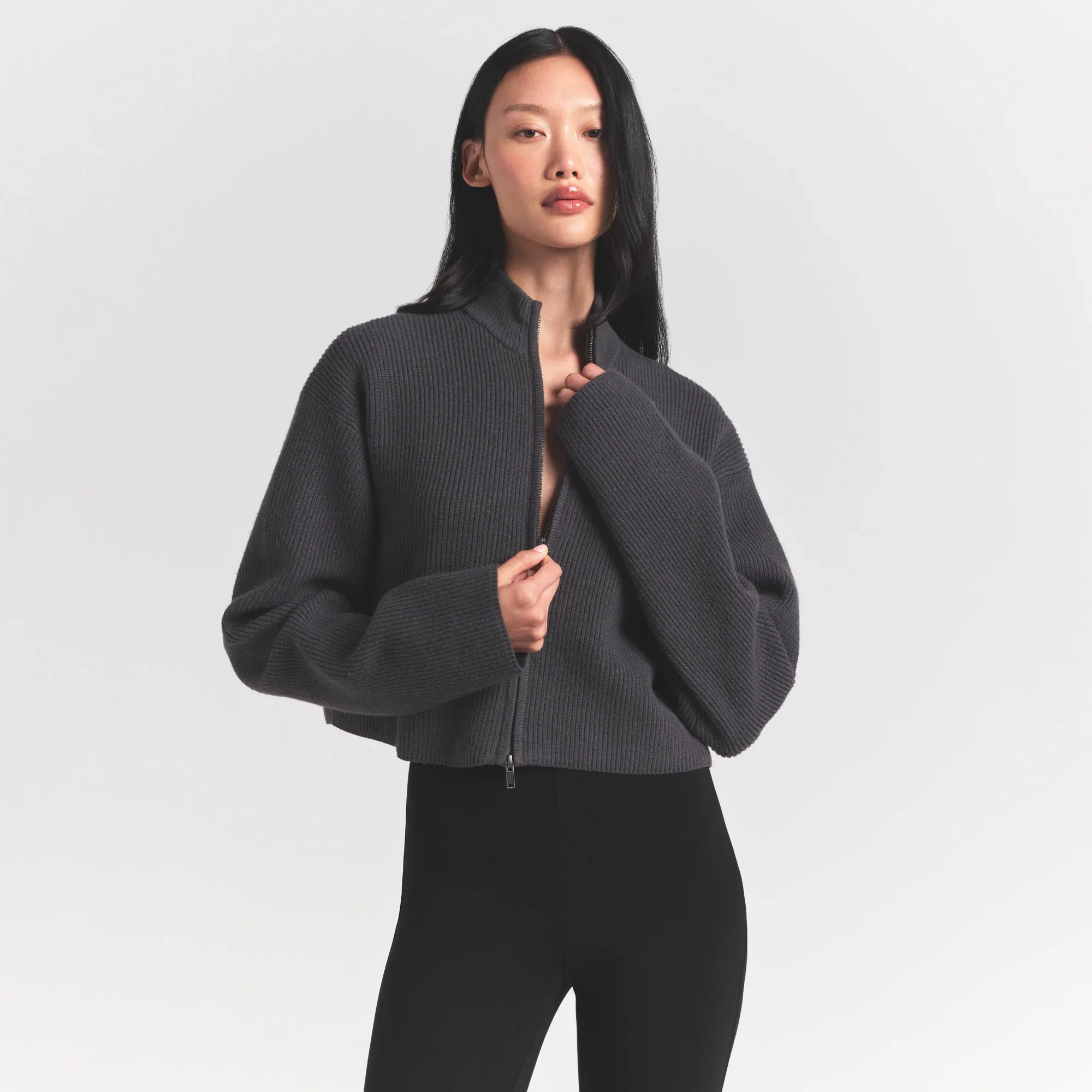 SWEATER KNITS RIBBED MOCK NECK ZIP UP | ASH - Image 5
